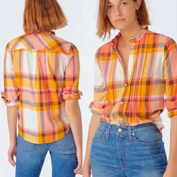 🍊 J.CREW ORANGE YELLOW RUFFLE COLLAR PLAID BUTTON DOWN SHIRT! - Picture 6 of 16